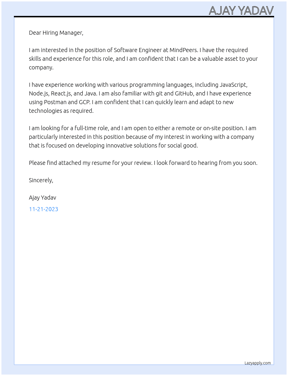 Software Engineer At MindPeers Cover Letter