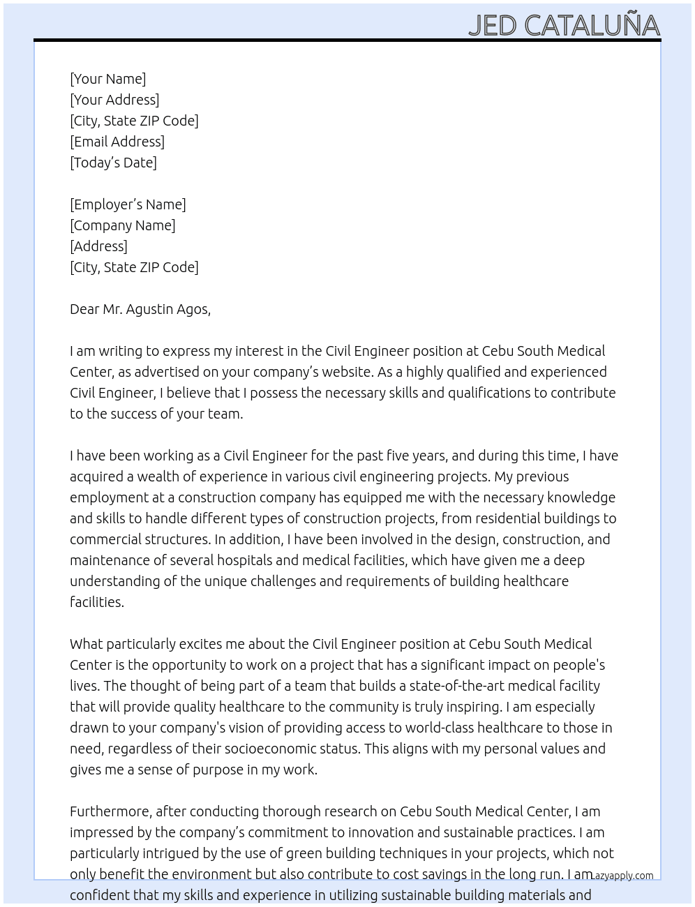 Civil Engineer At Cebu South Medical Center Cover Letter