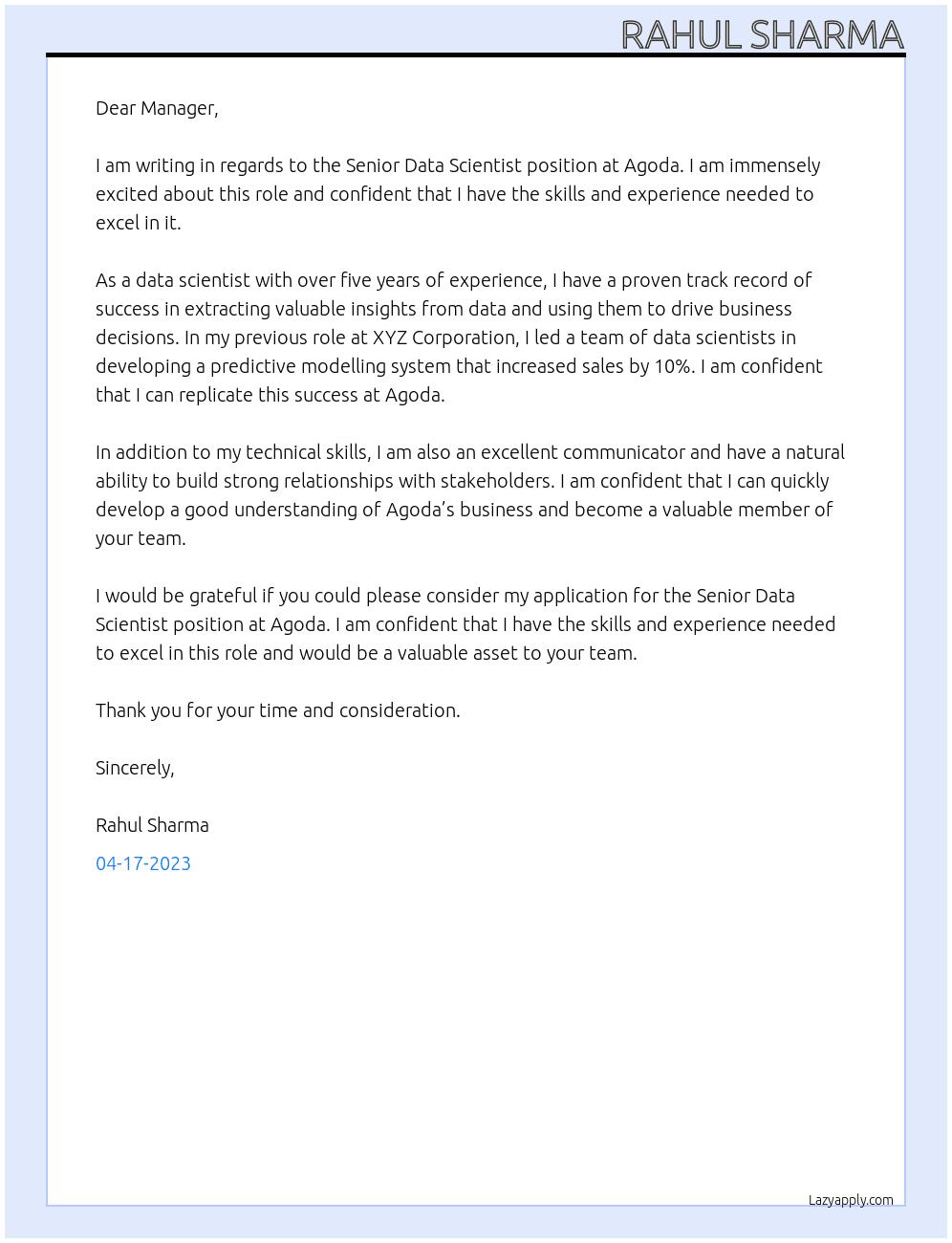 Senior Data Scientist At Agoda Cover Letter