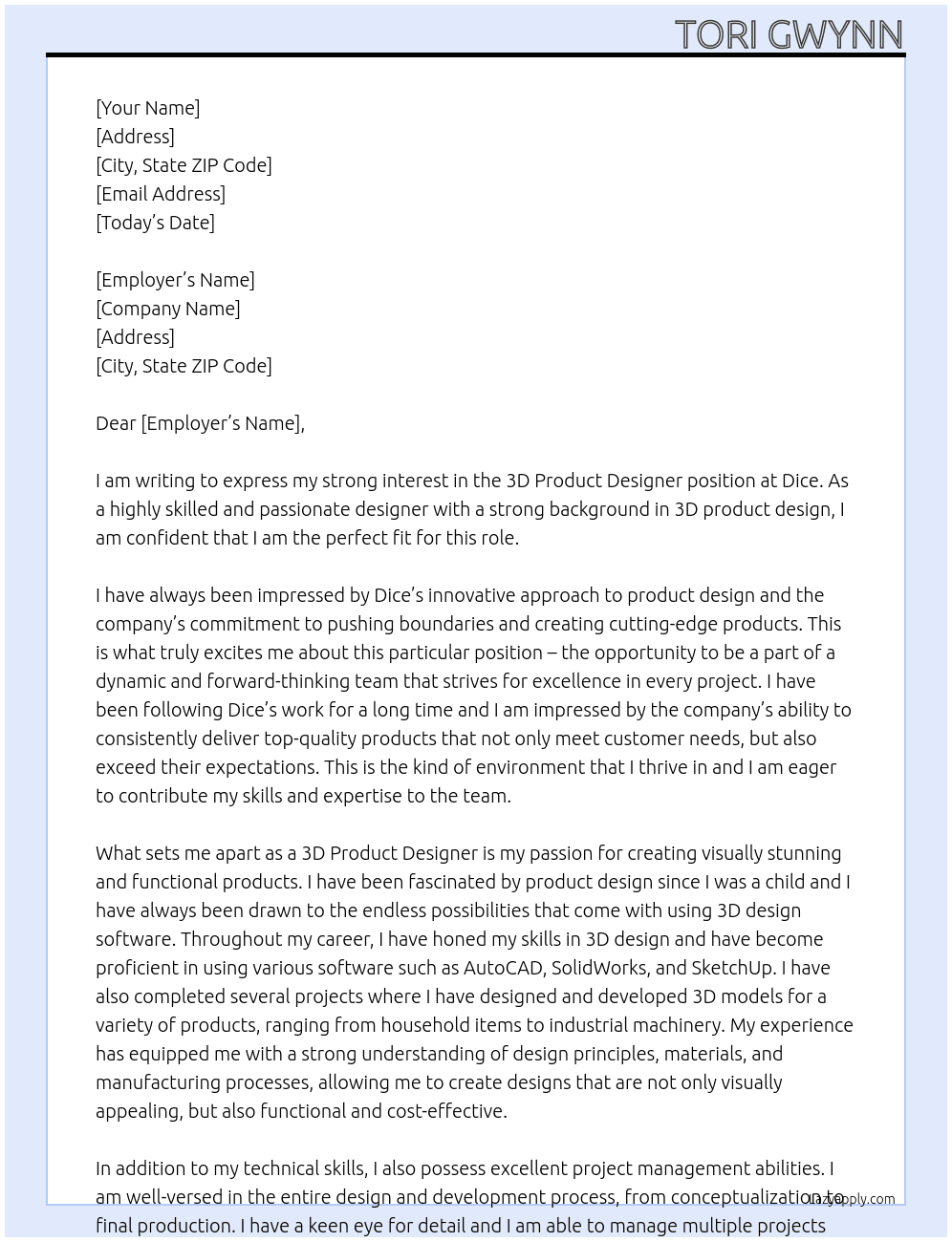 3D Product Designer At Dice Cover Letter