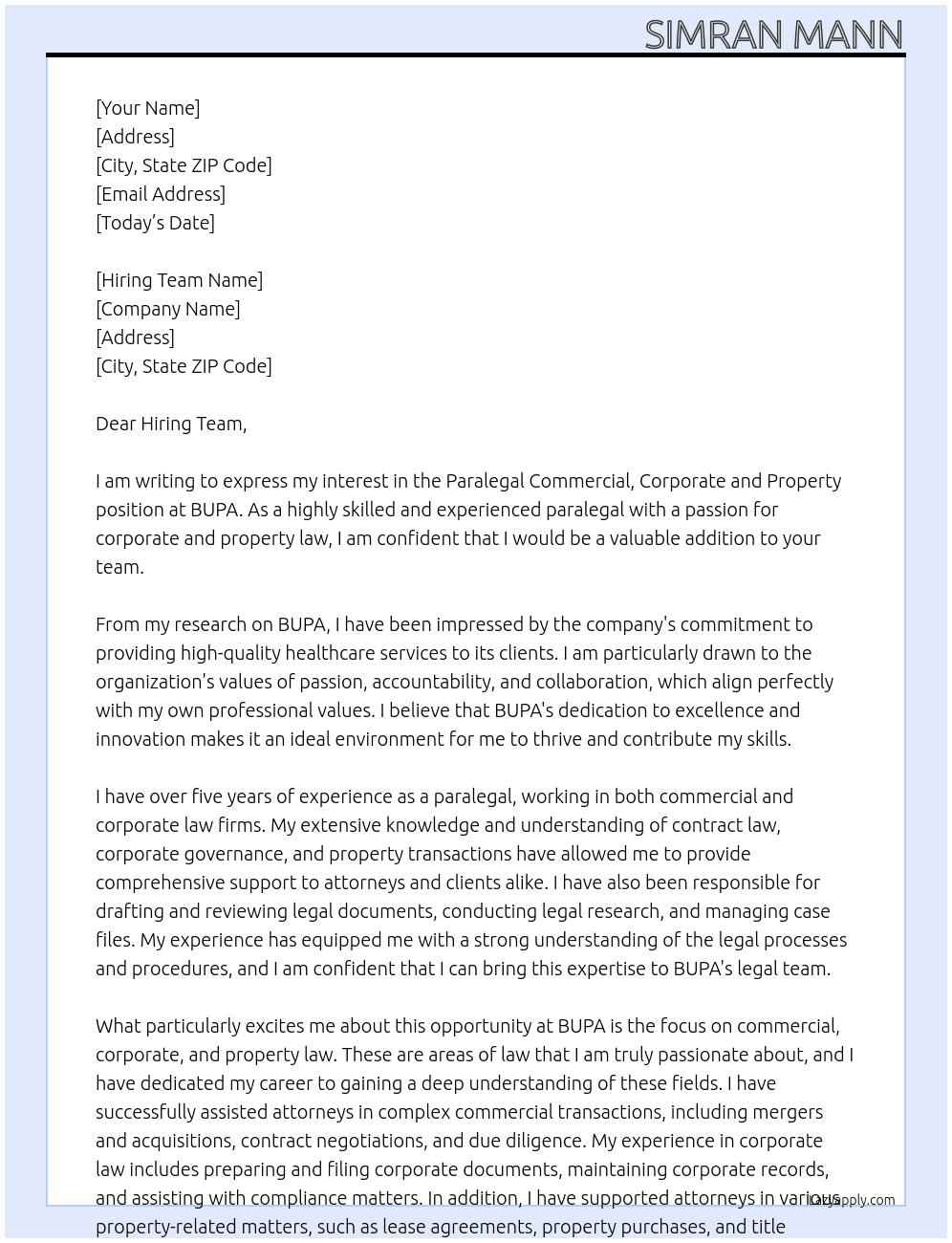 Paralegal Commercial, Corporate and Property At BUPA Cover Letter