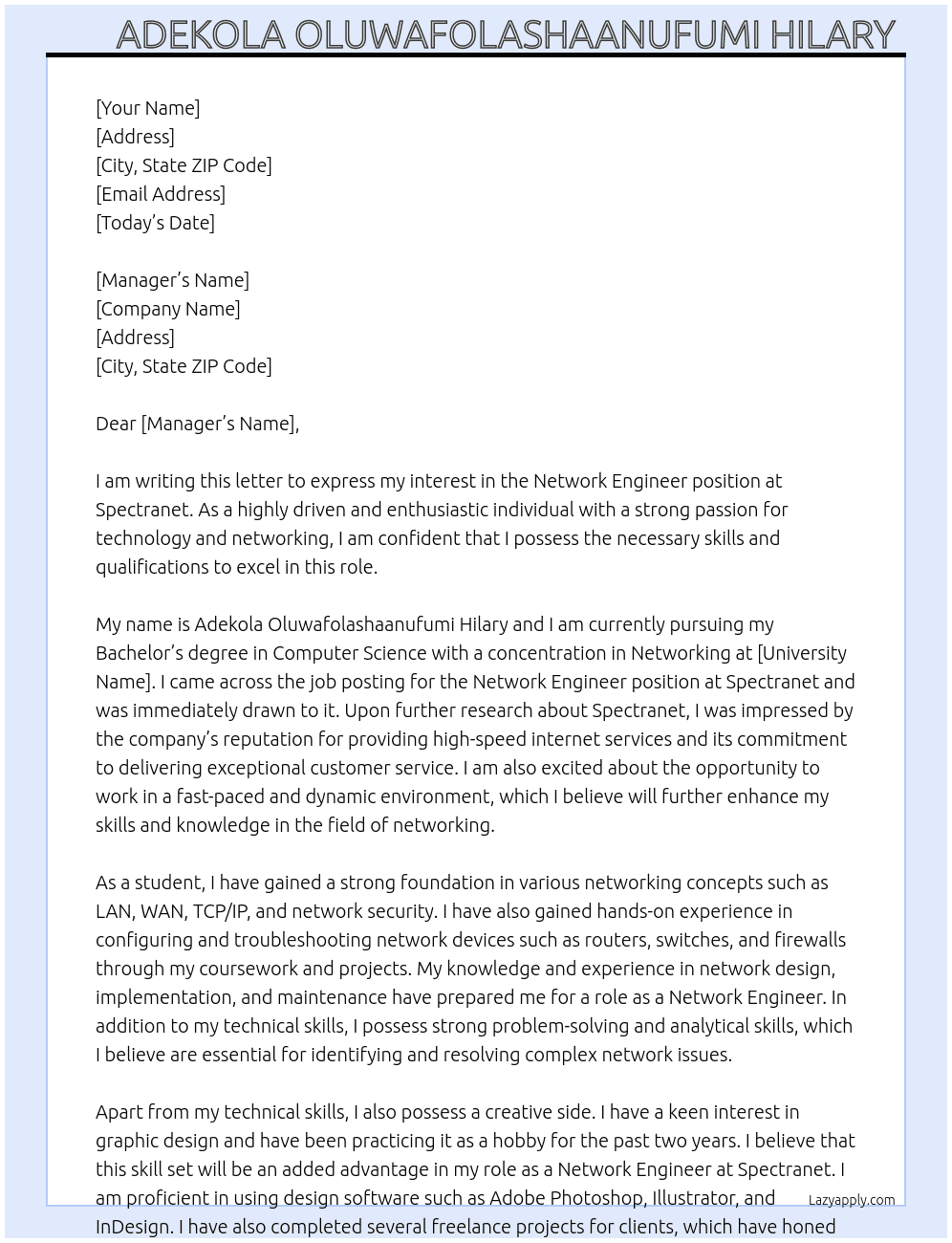 network engineer  At Spectranet Cover Letter