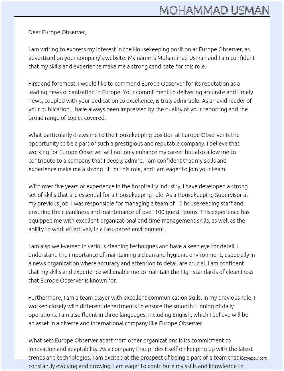housekeeping At europe observer Cover Letter