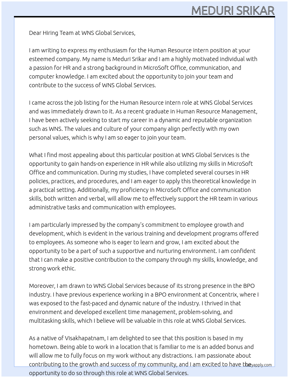 Human Resource intern  At WNS Global Services  Cover Letter