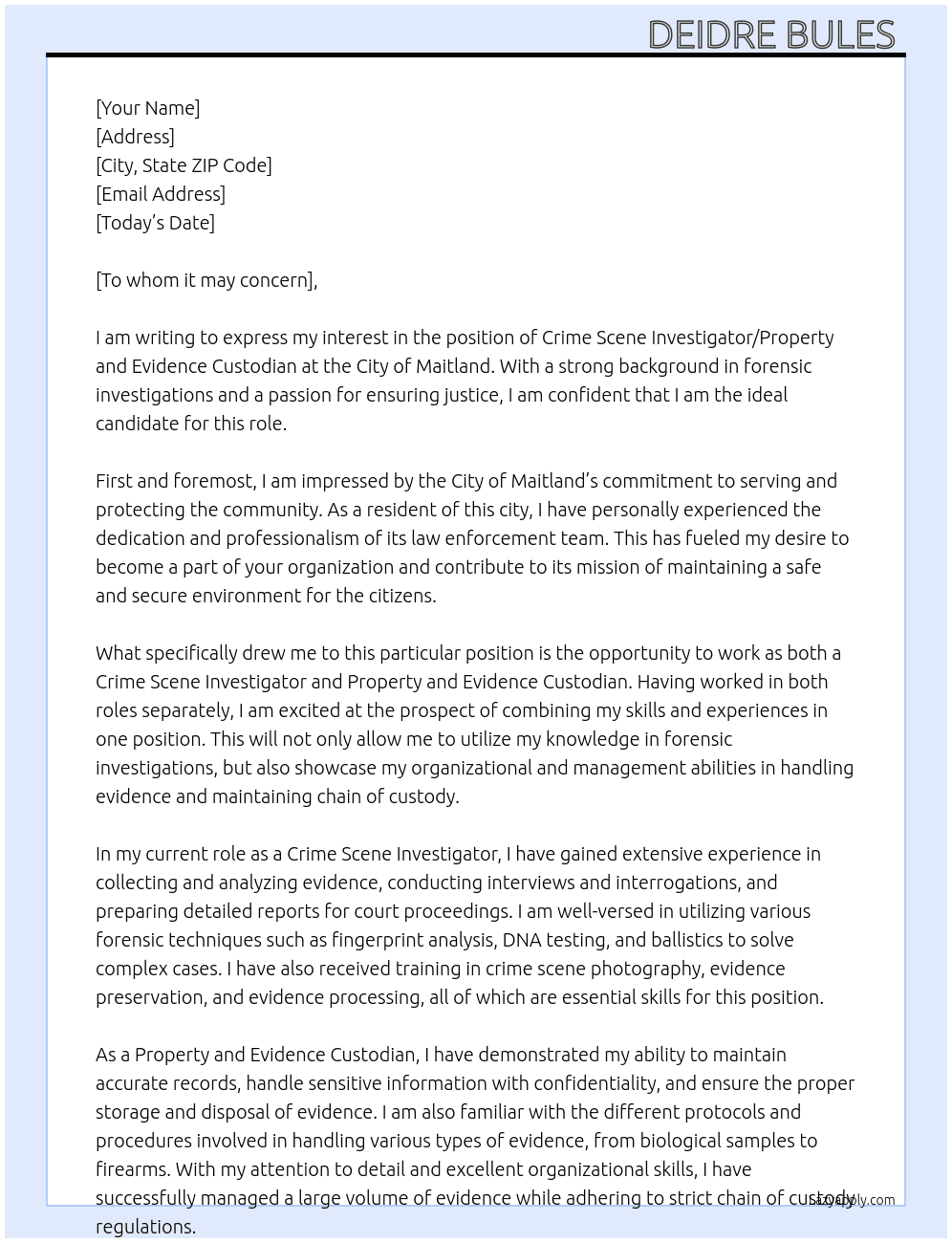 CRIME SCENE INVESTIGATOR/PROPERTY AND EVIDENCE CUSTODIAN At City of Maitland  Cover Letter