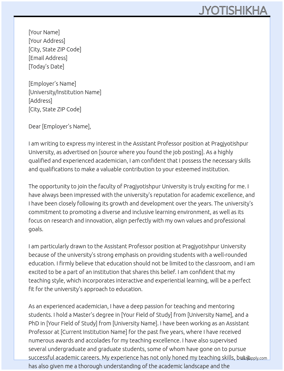 Assistant Professor At Pragjyotishpur University Cover Letter