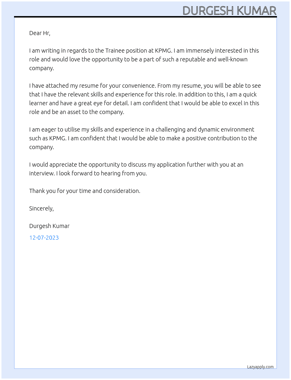 Trainee At KPMG Cover Letter