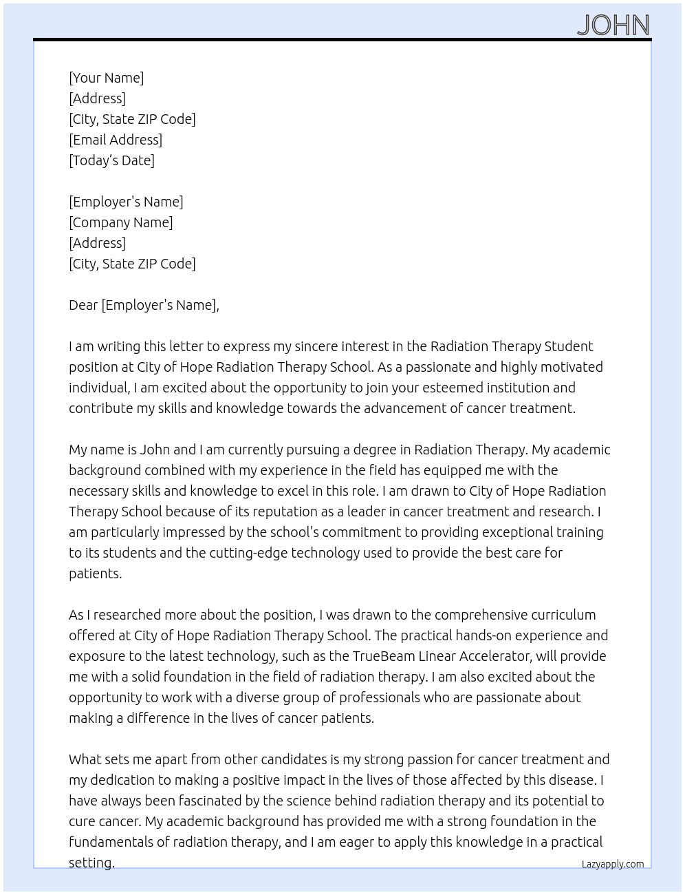 Radiation Therapy Student At City of Hope Radiation Therapy School Cover Letter