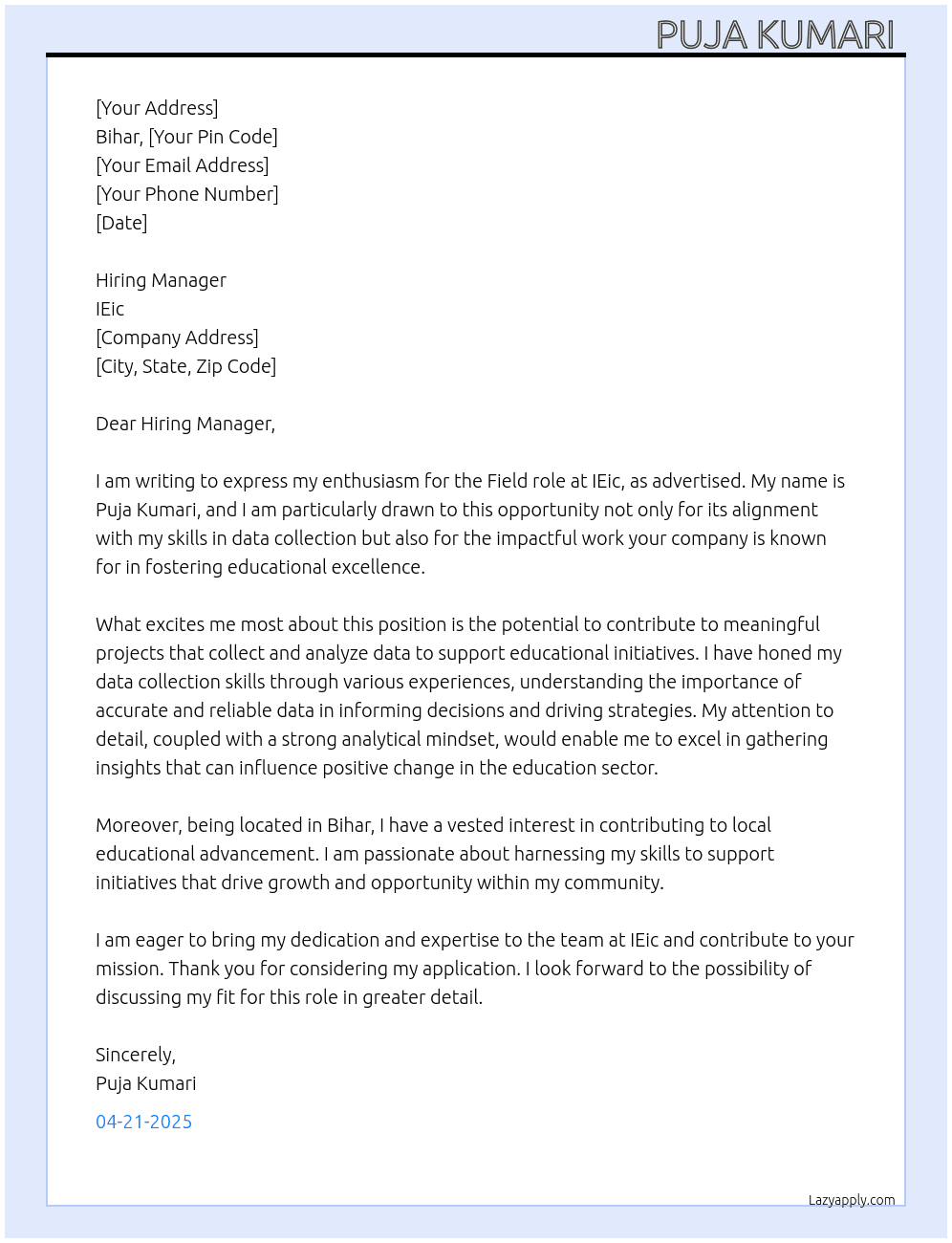 Field At IEic Cover Letter