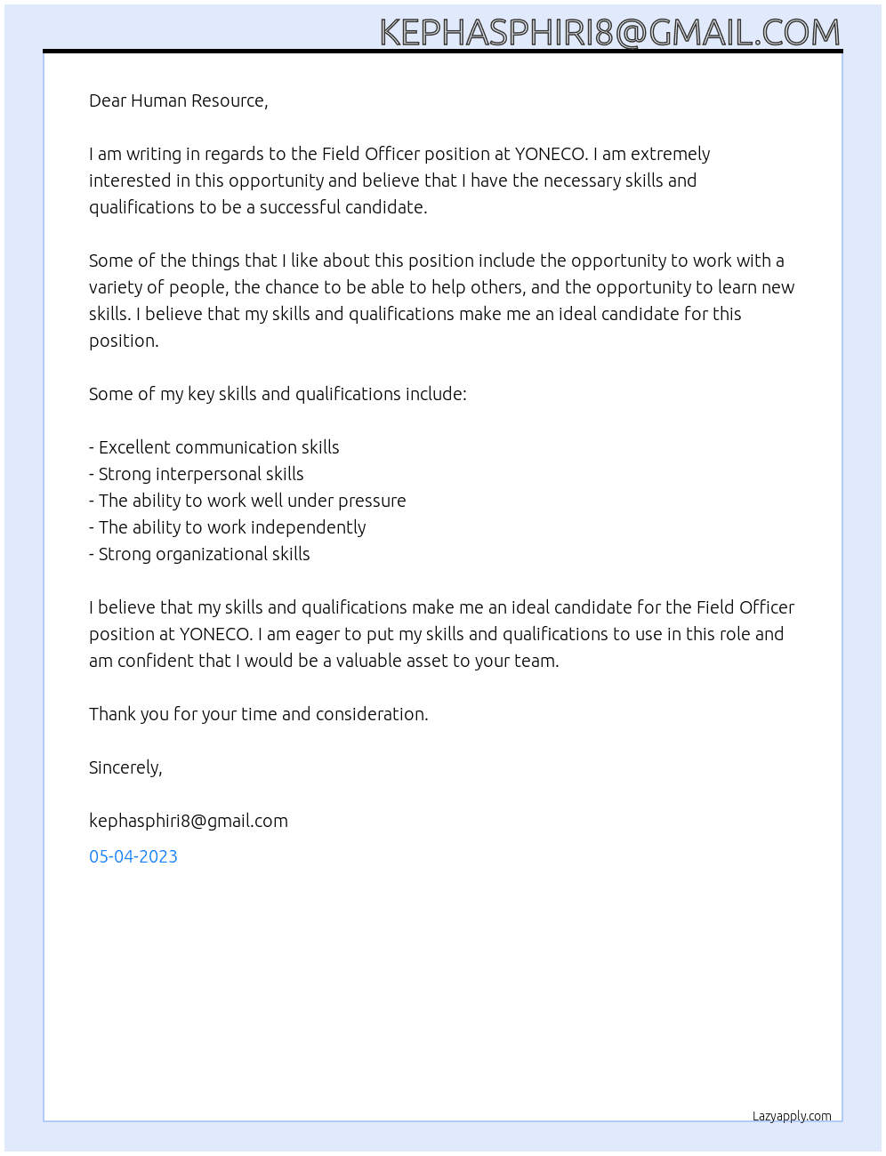 Field officer At YONECO Cover Letter