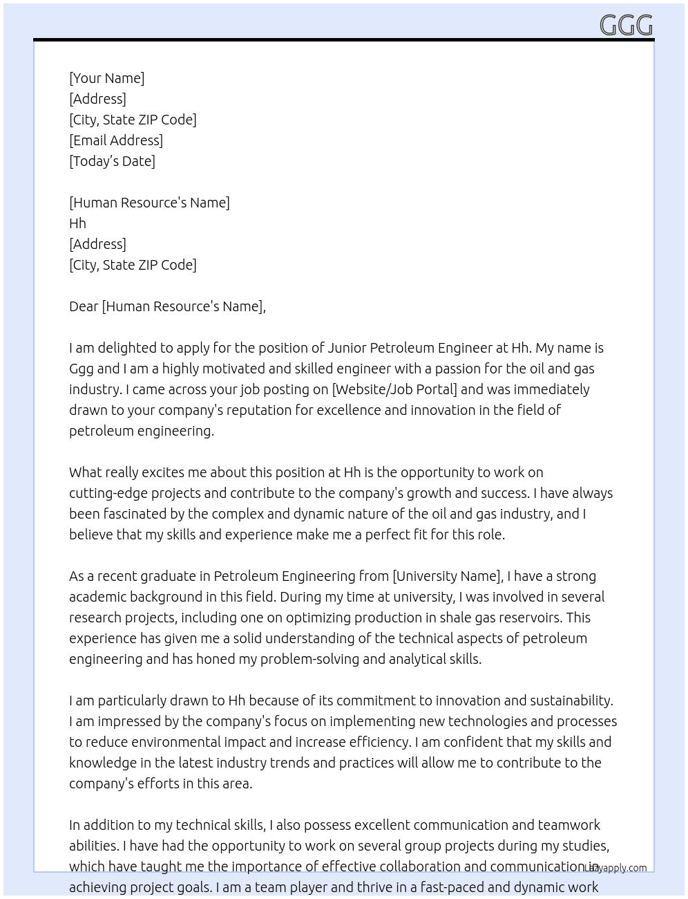 Junior petroleum engineer At Hh Cover Letter
