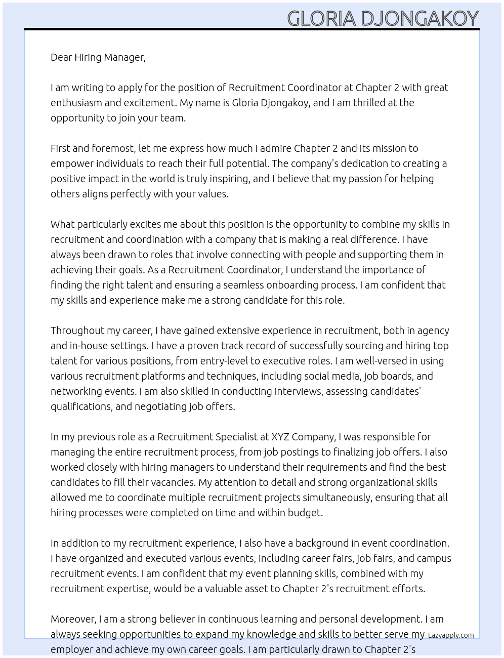 Recruitment Coordinator At Chapter 2 Cover Letter