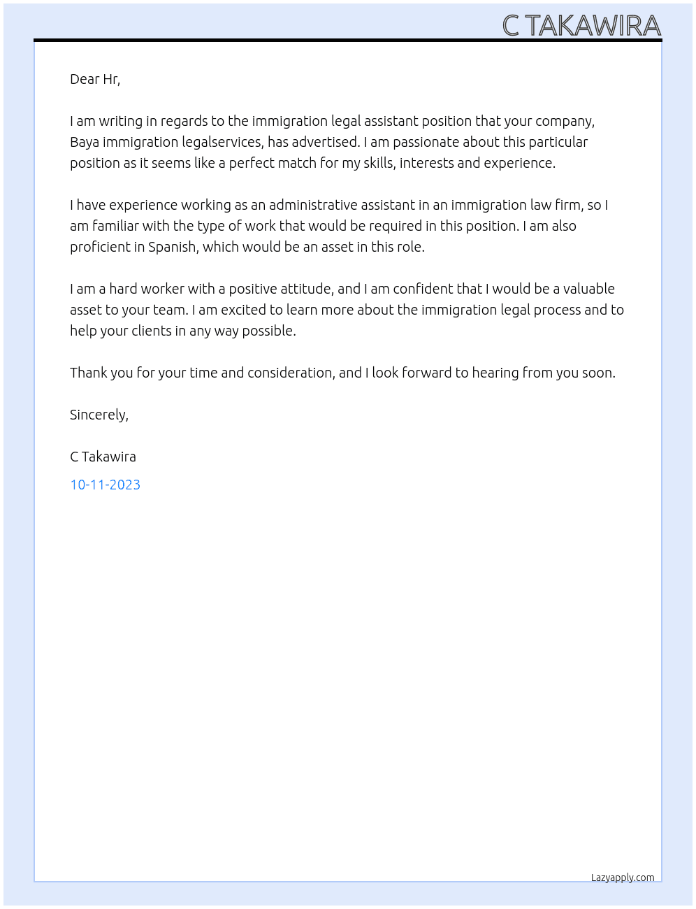 immigration legal assistant  At Baya immigration legalservices  Cover Letter