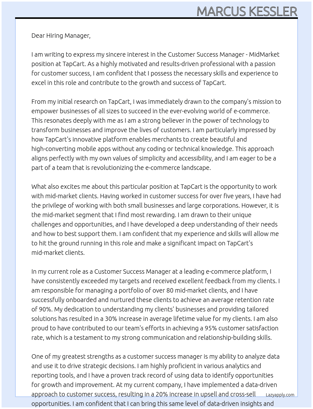 Customer Success Manager - MidMarket At TapCart Cover Letter