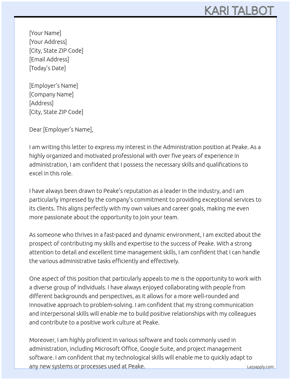 Administration  At Peake Cover Letter