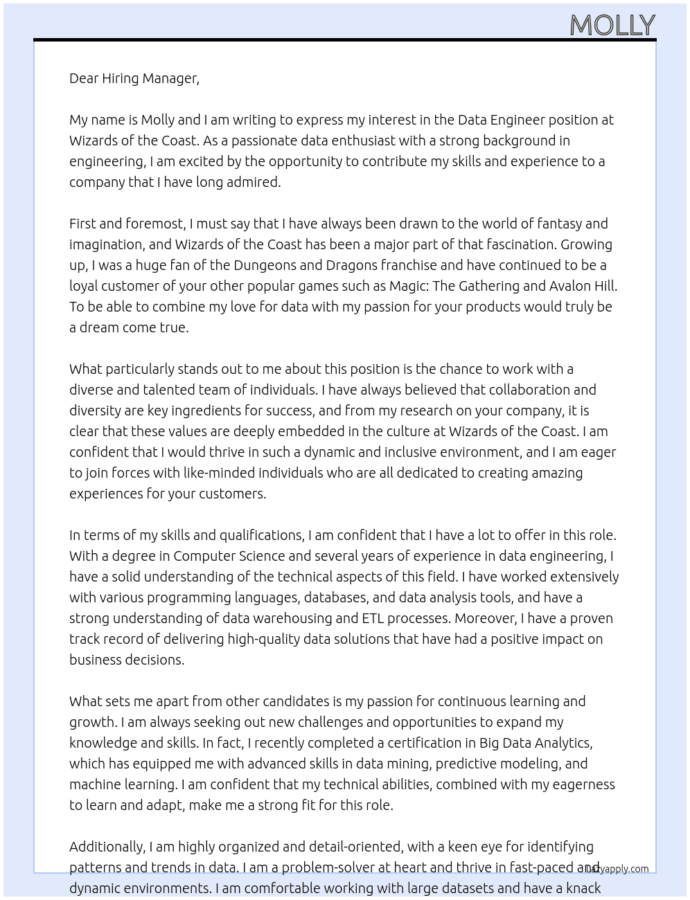 Data engineer At Wizards of the Coast Cover Letter