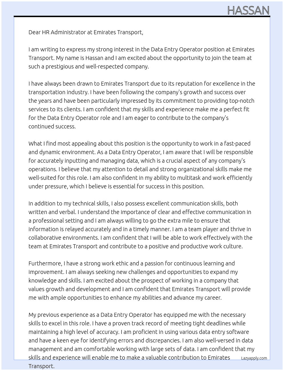 data entry operator At Emirates Transport Cover Letter