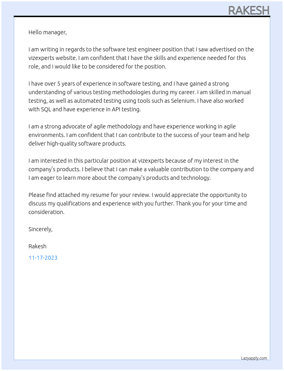 software test engineer  At vizexperts Cover Letter