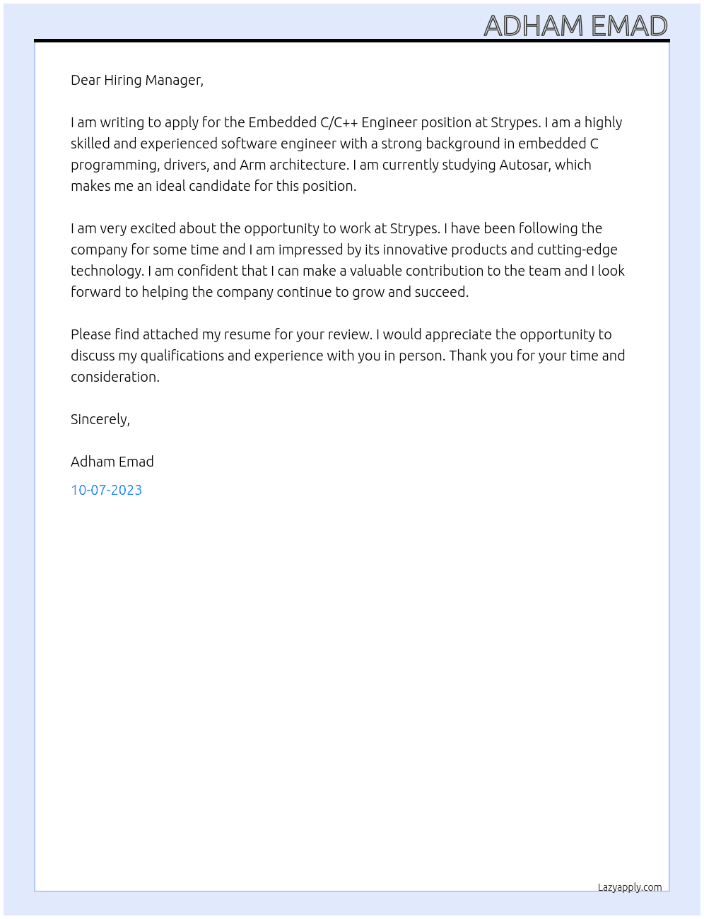 Embedded C/C++ Engineer At Strypes Cover Letter