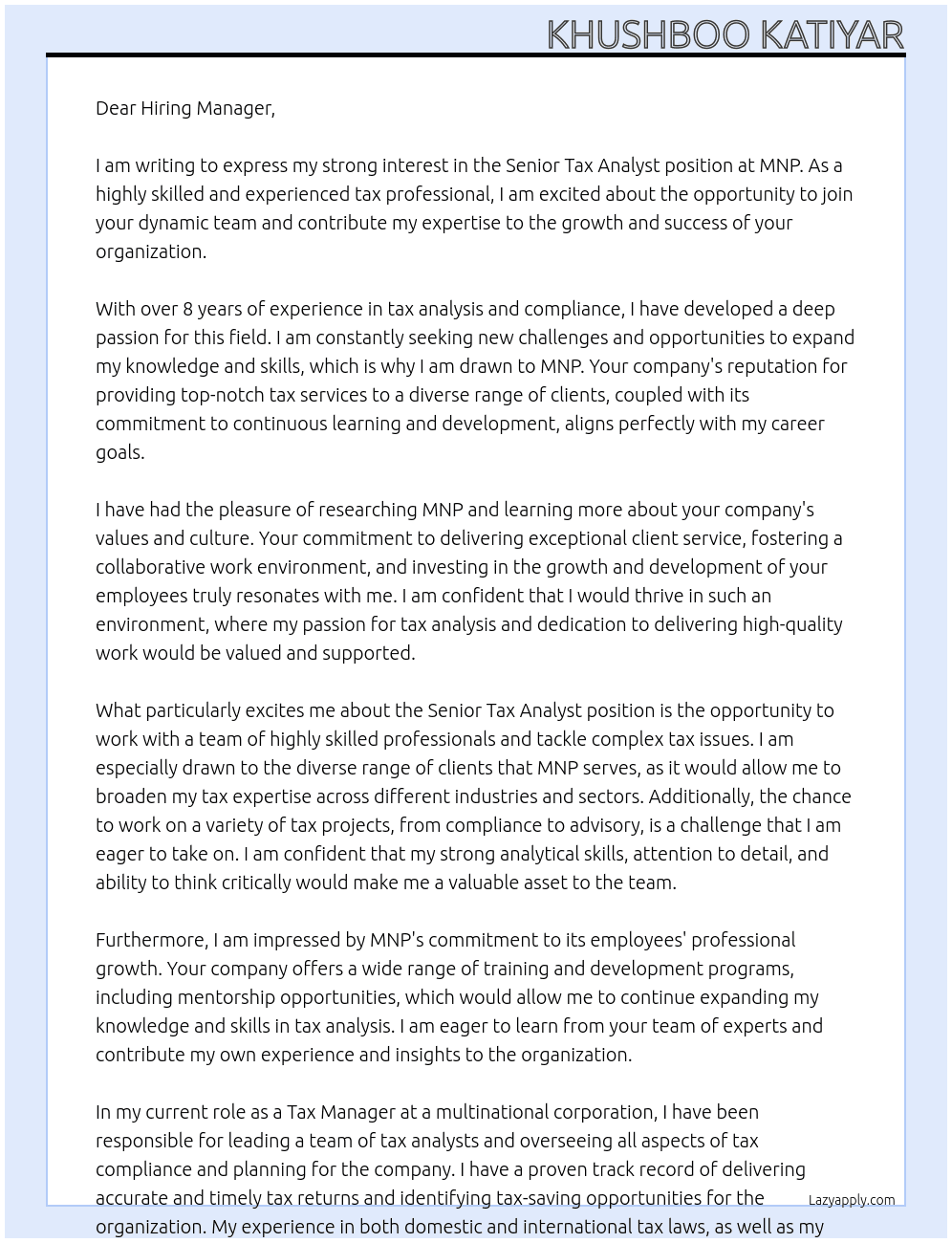 senior tax analyst At MNP Cover Letter