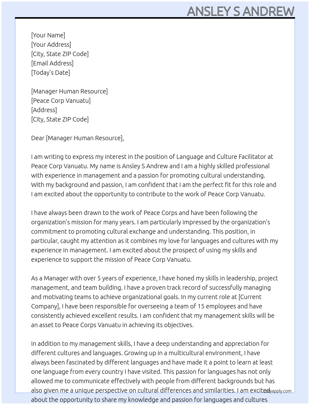 application Language and Culture Facilitator At Peace Corp Vanuatu Cover Letter