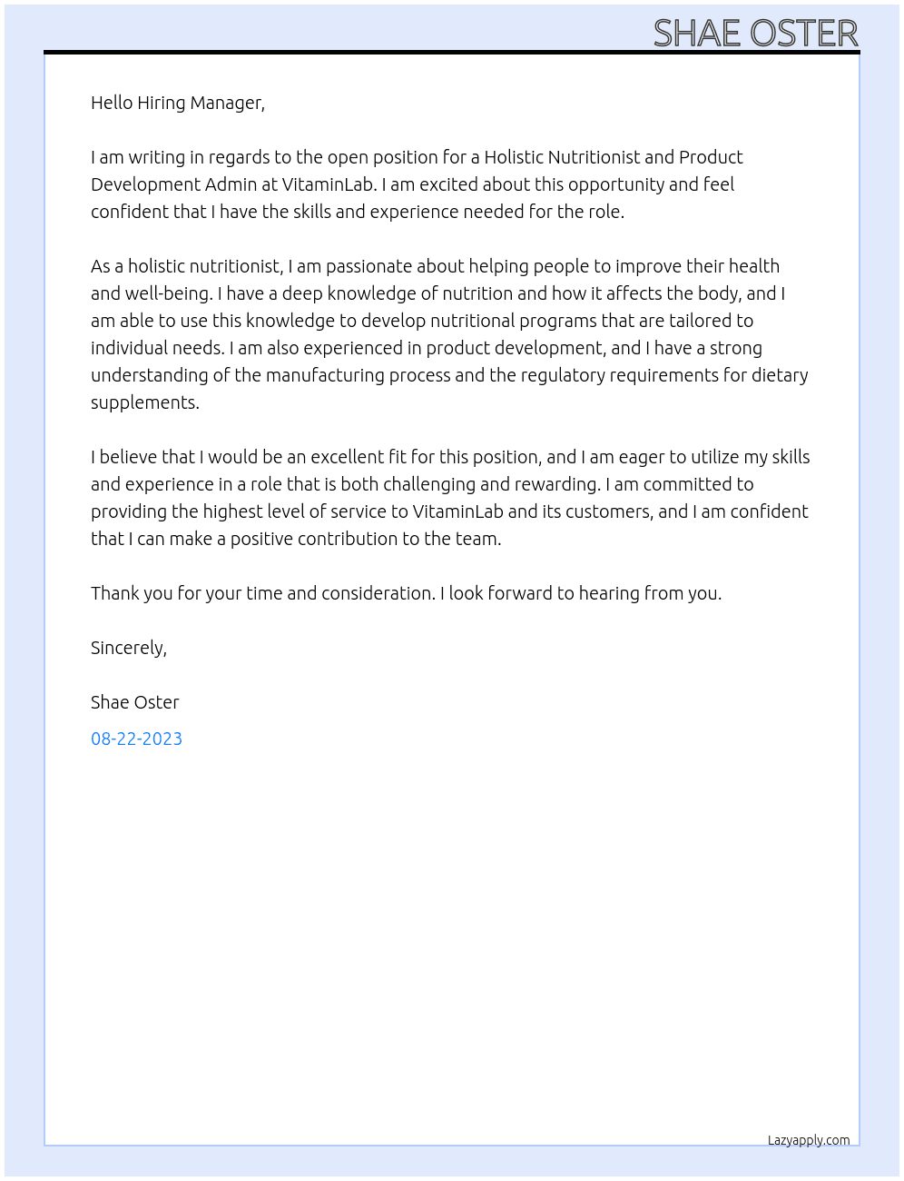 Holistic Nutritionist and Product Development Admin At VitaminLab Cover Letter