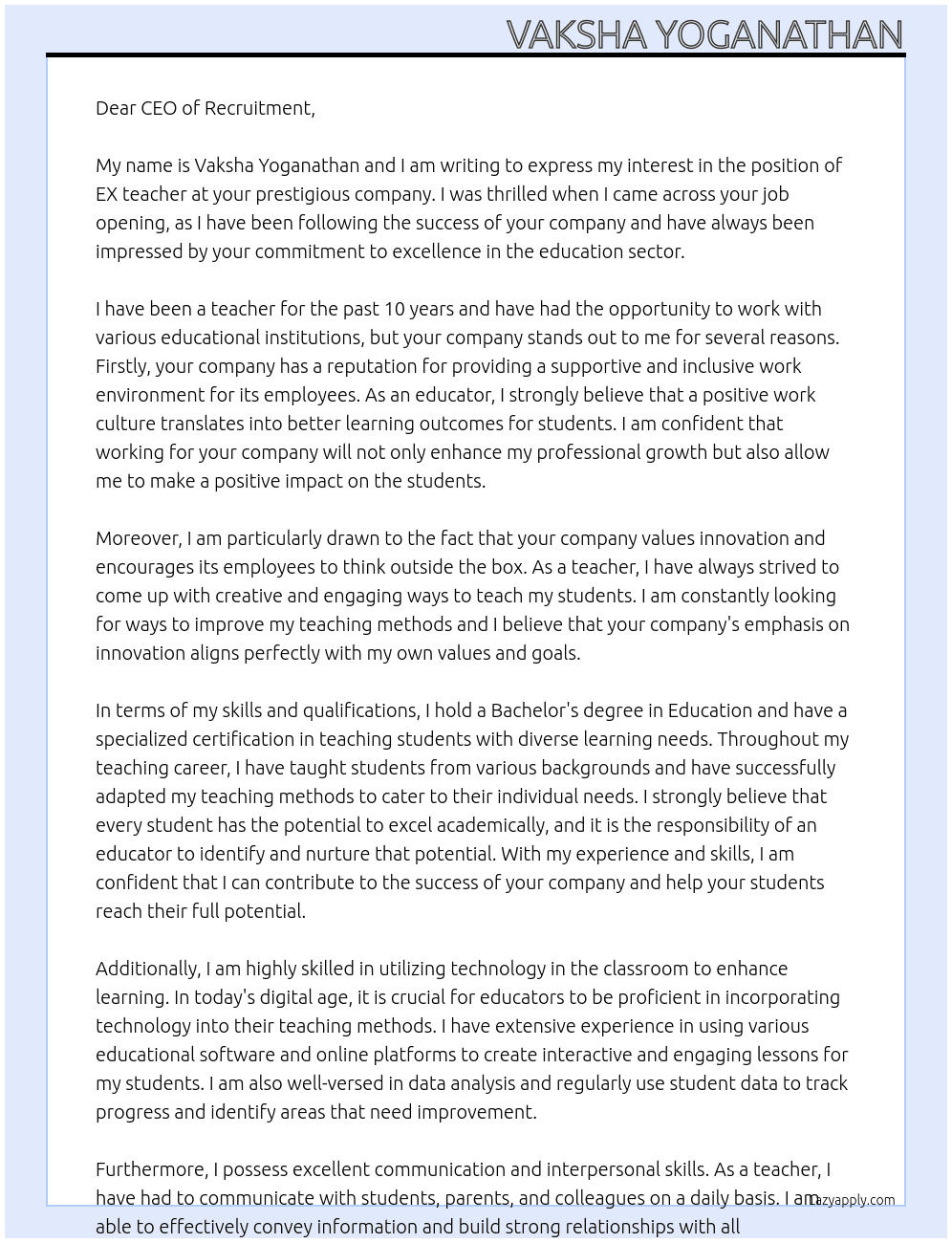 EX teacher At recruitment Cover Letter