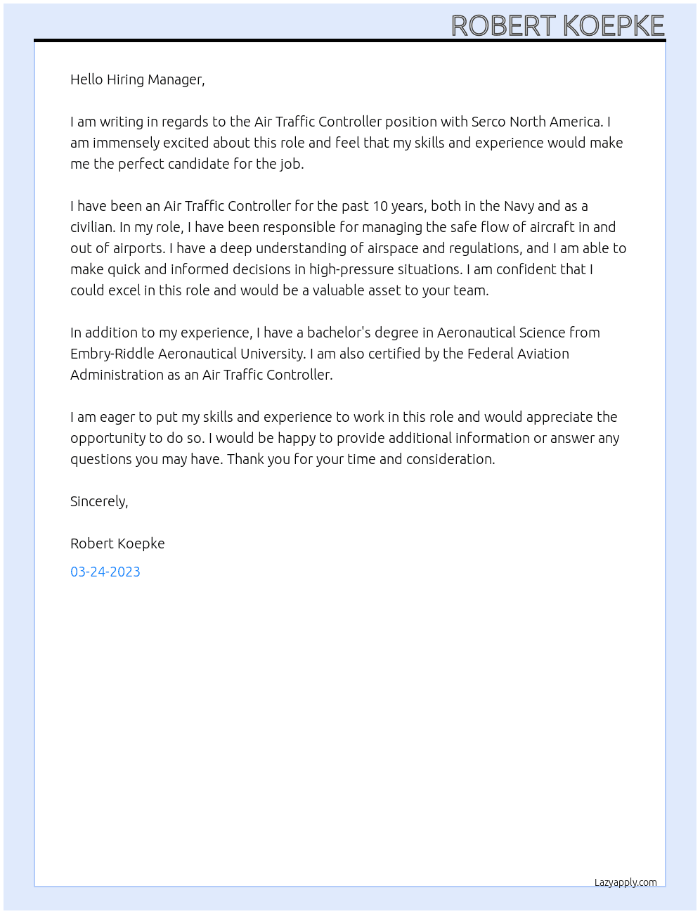 Air Traffic Controller At Serco North America Cover Letter