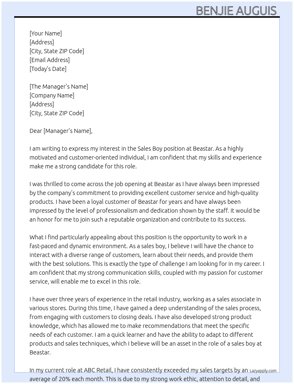 Sales boy At Beastar  Cover Letter