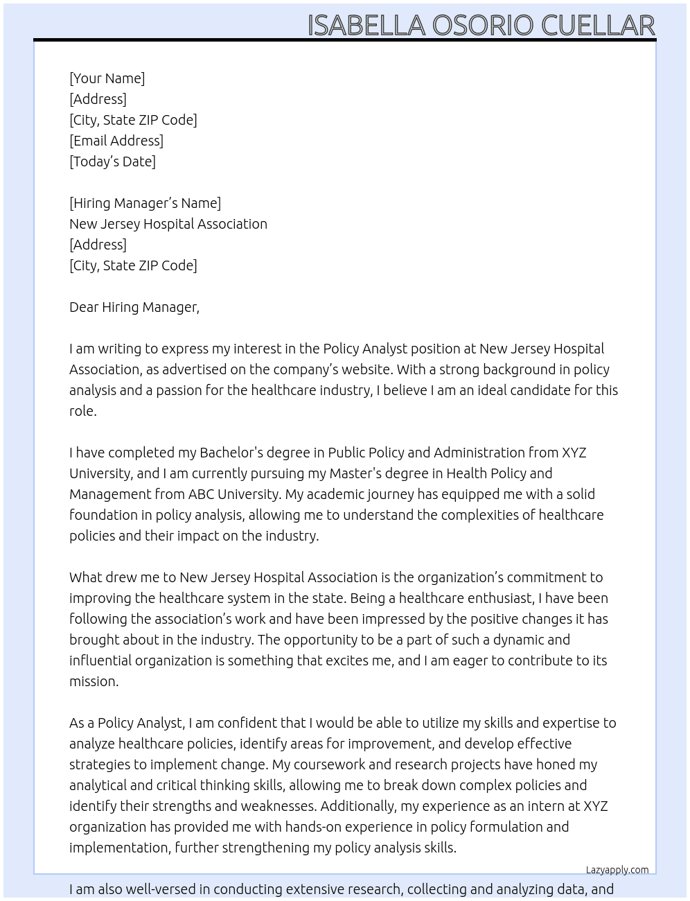 Policy Analyst At New Jersey Hospital Association Cover Letter