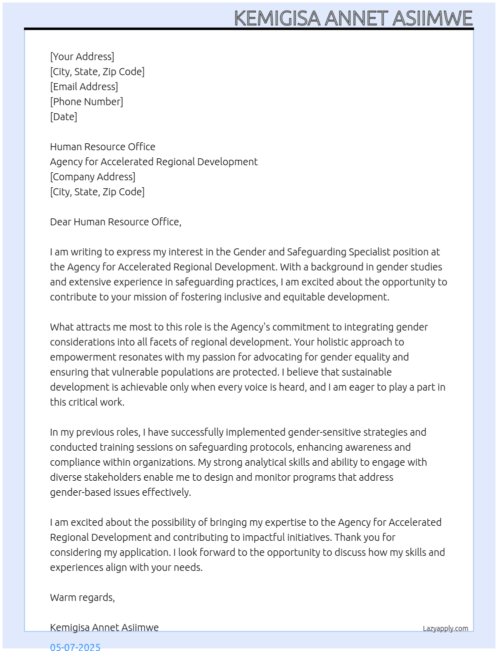 Gender and safeguarding specialist At Agency for Accelerated Regional Development  Cover Letter