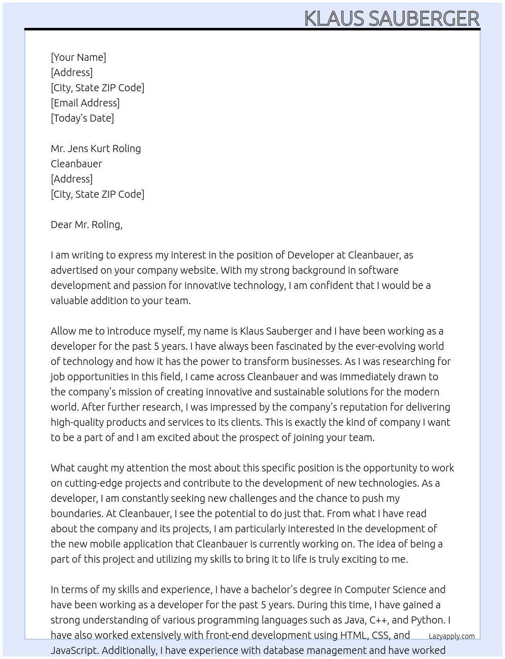 Cover letter for developper - LazyApply