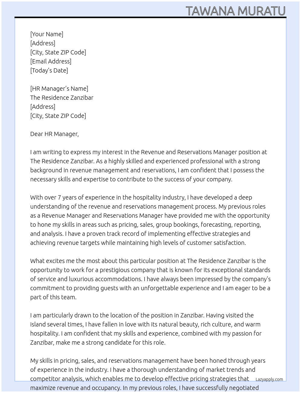 Revenue and Reservations Manager At The Residence Zanzibar  Cover Letter