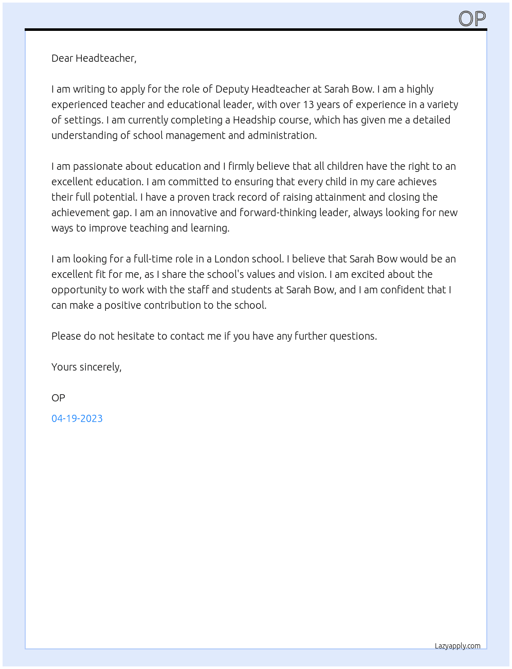 Deputy Headteacher At Sarah Bow Cover Letter
