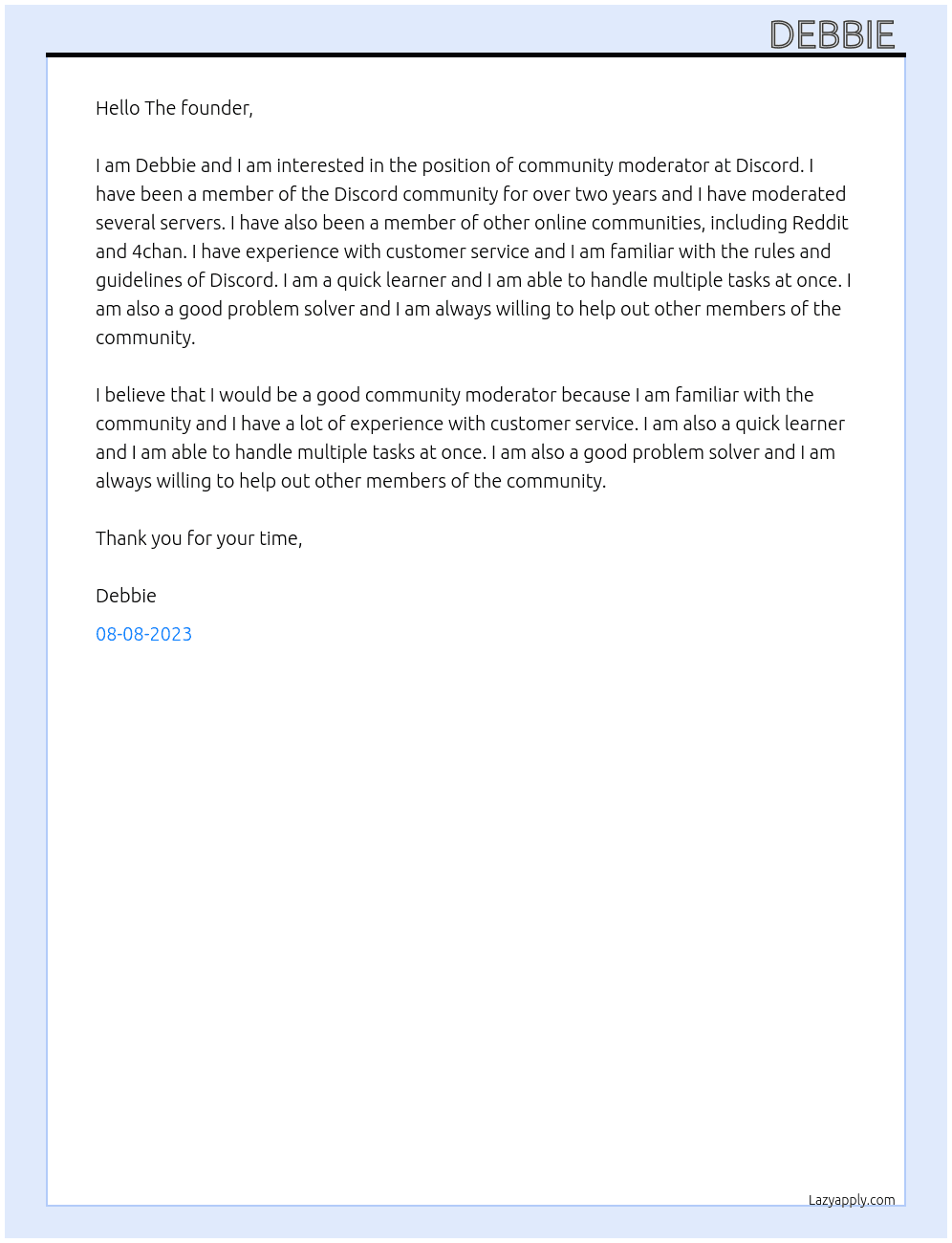 Community moderator  At Discord Cover Letter