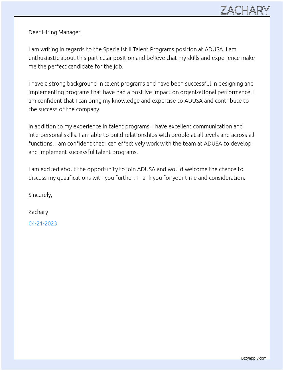 Specialist II Talent Programs At ADUSA Cover Letter