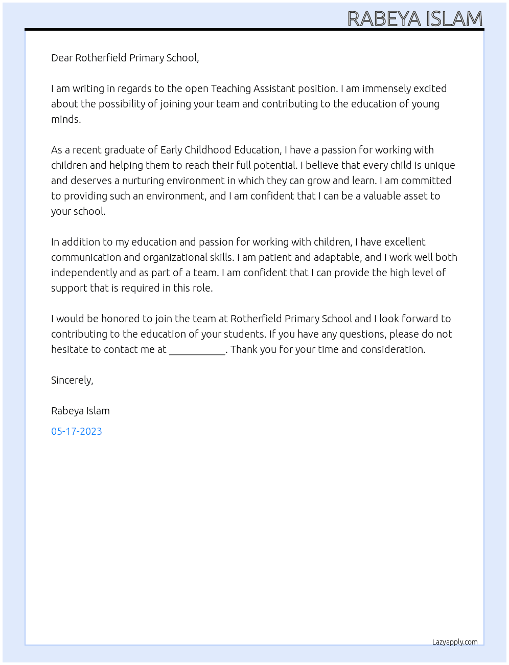 Teaching Assistant  At Rotherfield Pmariary School Cover Letter