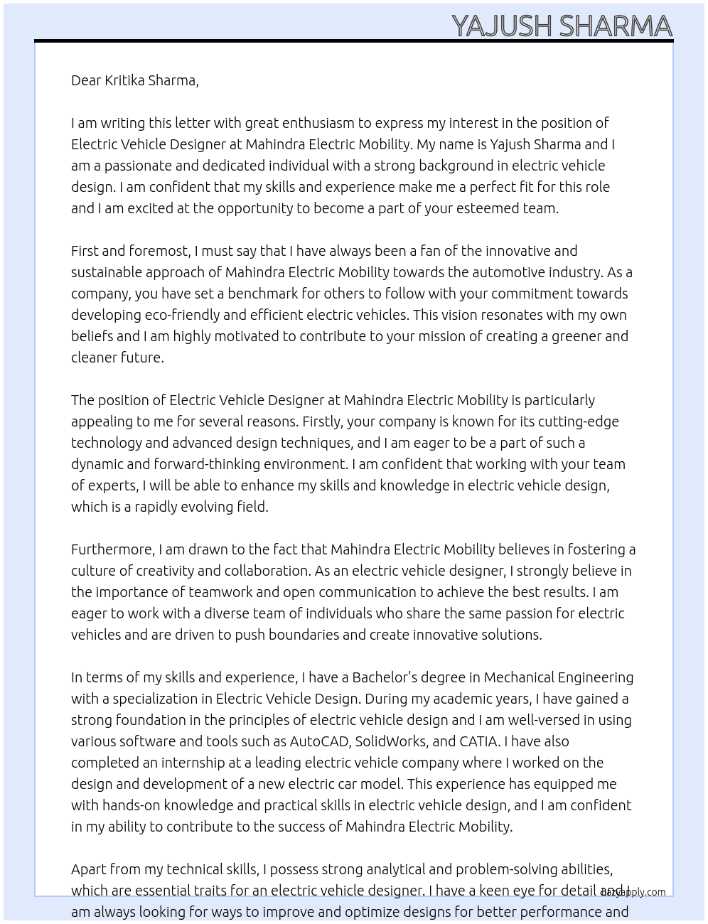 Electric vehicle deaigner At Mahindra Electric Mobility  Cover Letter