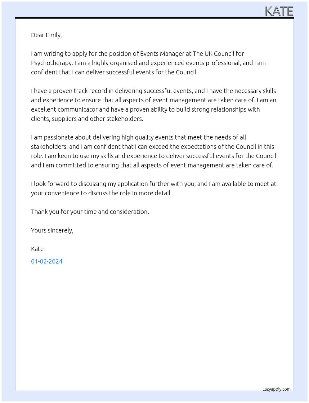 Events Manager At The UK Council for Psychotherapy Cover Letter