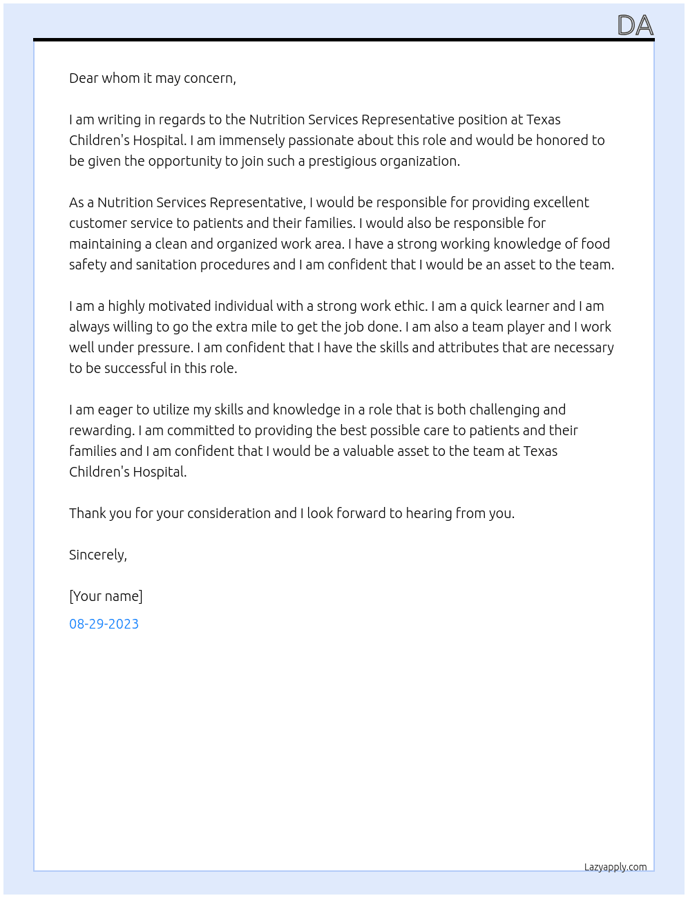Nutrition Services Representative At Texas Children's Hospital  Cover Letter