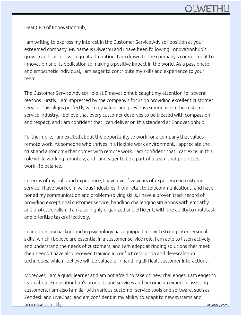 Customer service advisor  At Ennovationhub Cover Letter