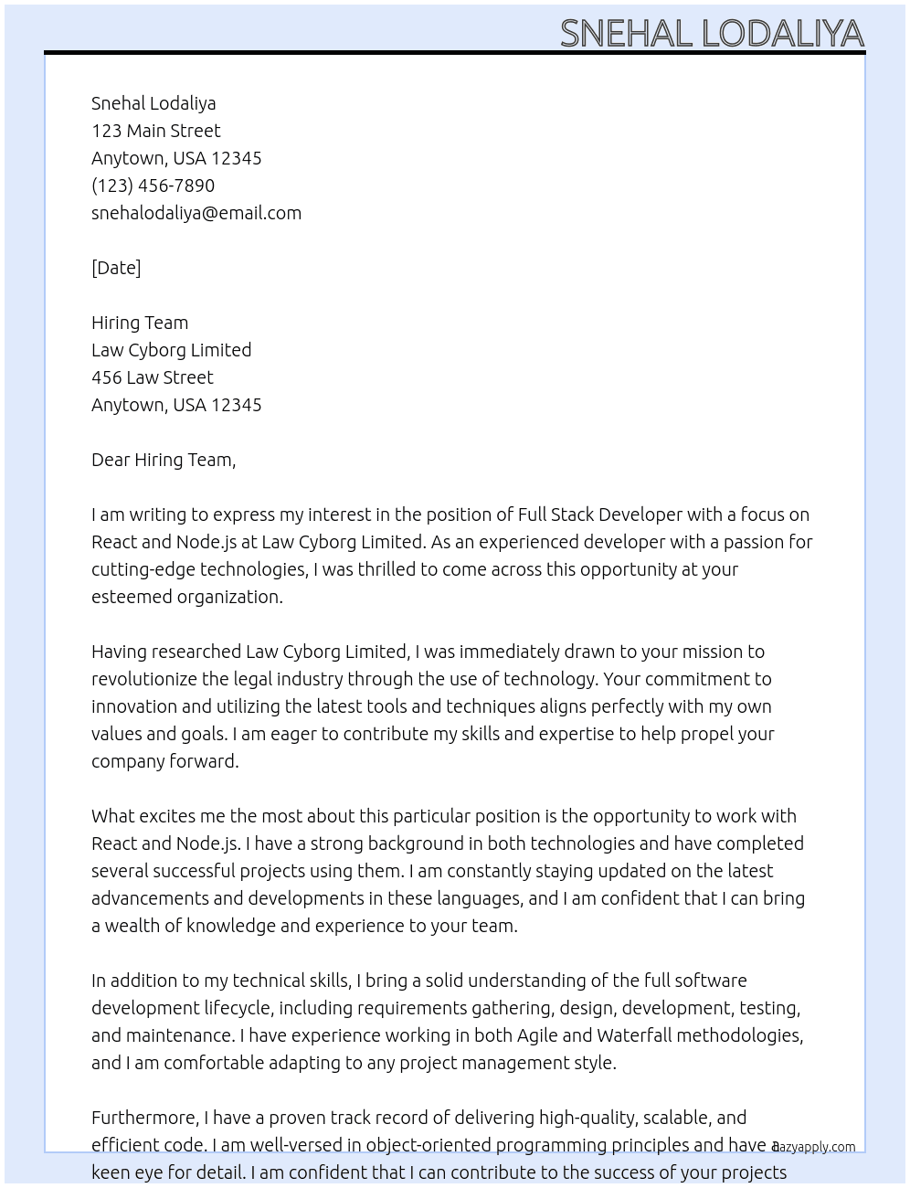 Full Stack Developer | React & Node.js At Law Cyborg Limited Cover Letter