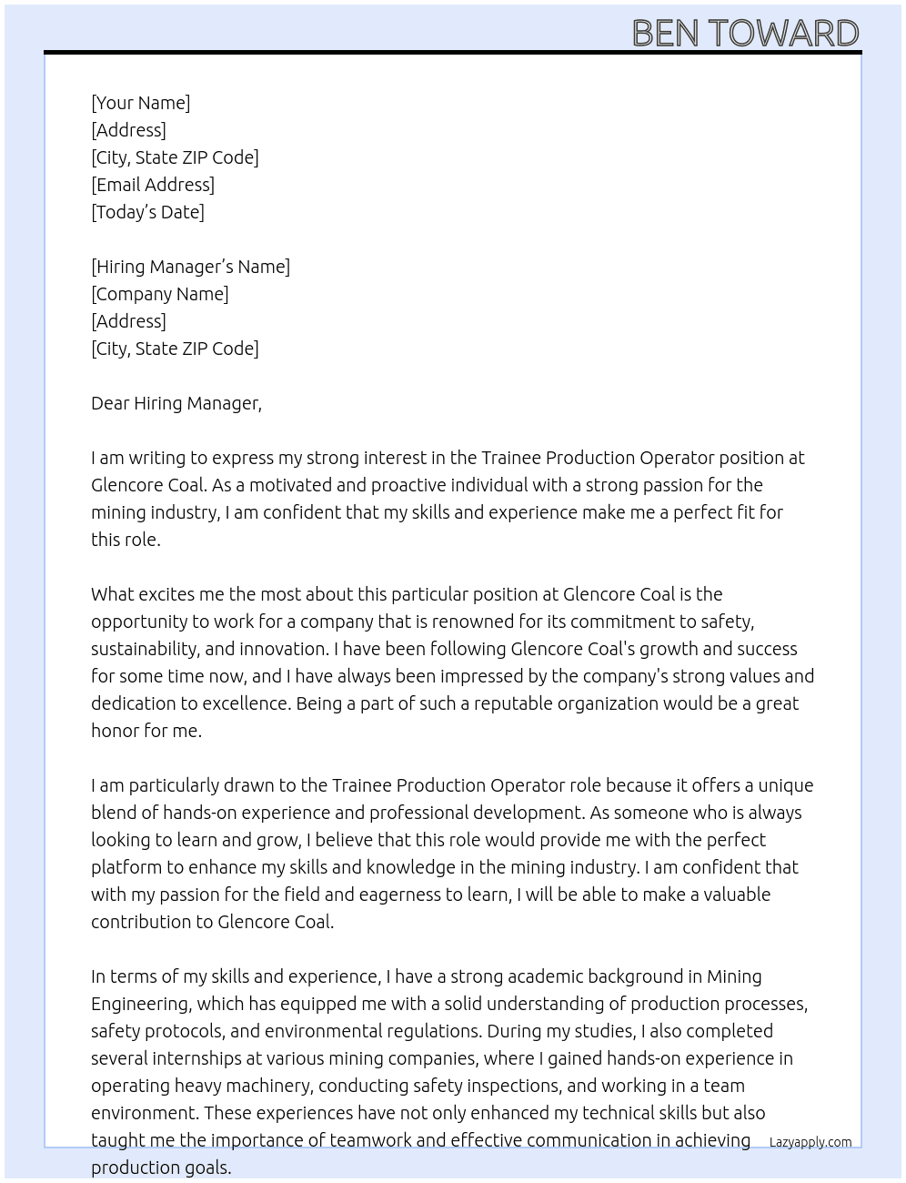 Trainee Production Operator At Glencore Coal Cover Letter