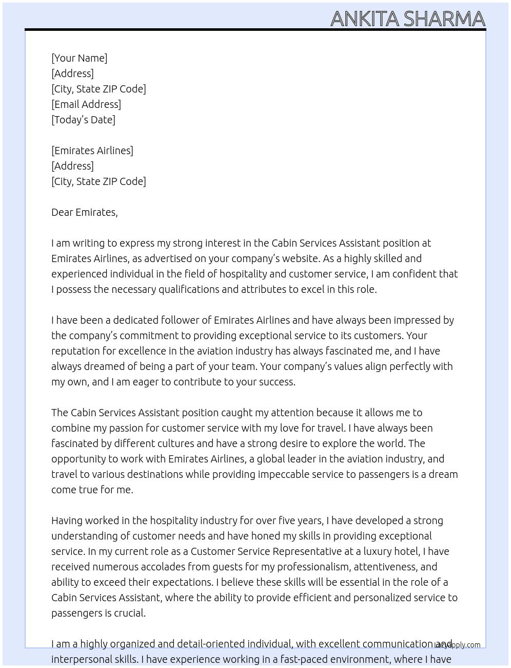 Cabin Services Assistant At Emirates Airlines Cover Letter