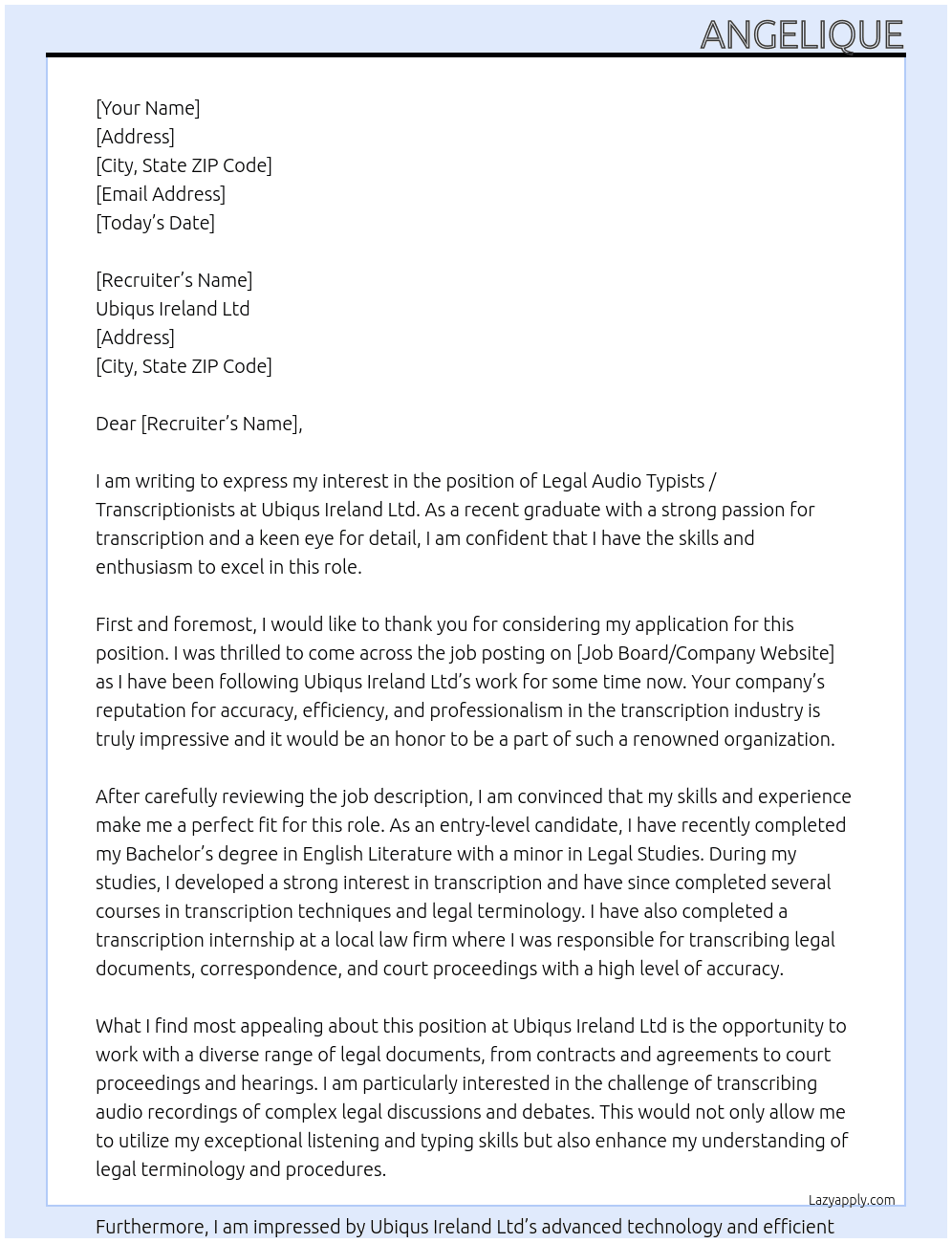 Legal Audio Typists / Transcriptionists At Ubiqus Ireland Ltd Cover Letter