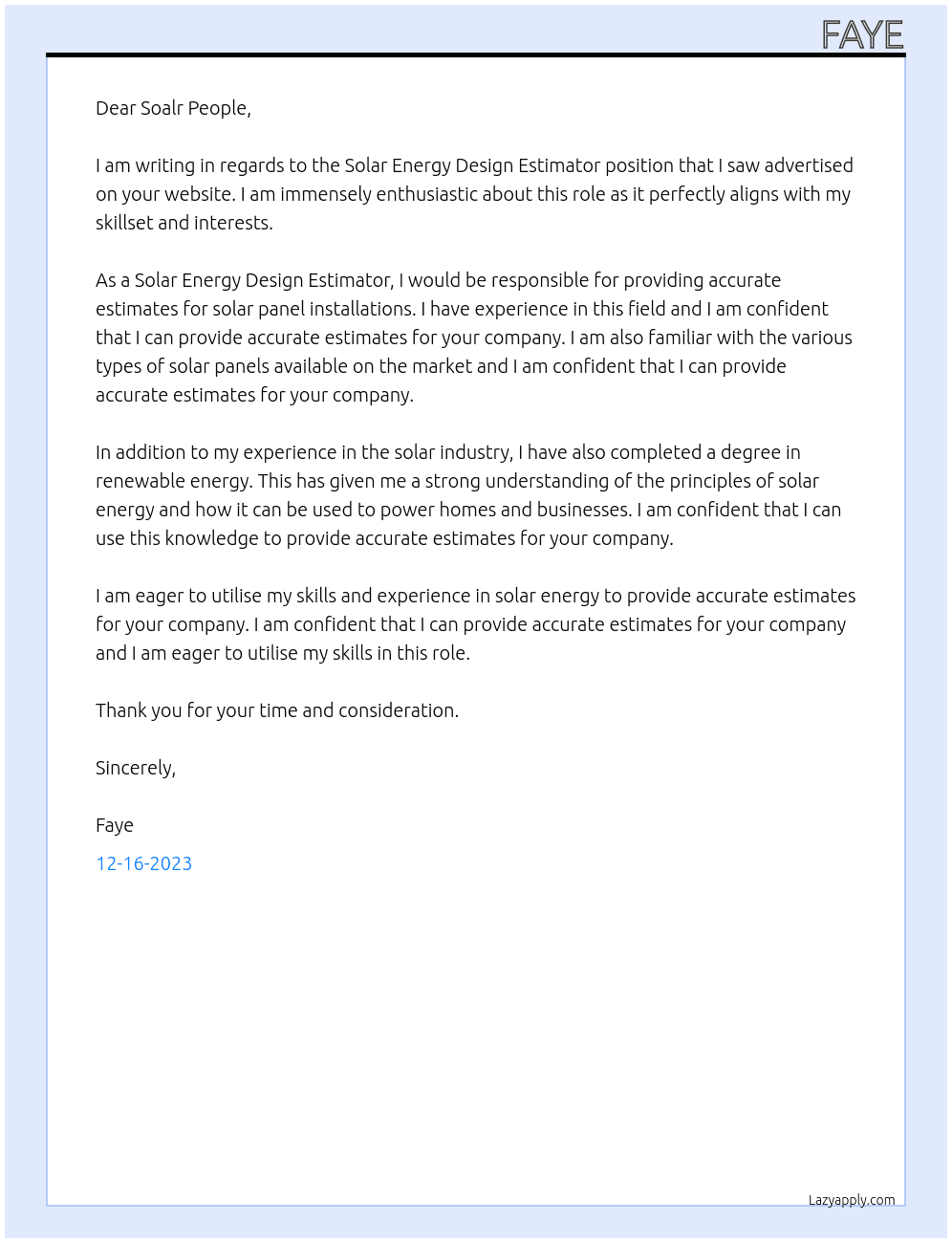 Solar energy design estimator At Soalr people Cover Letter
