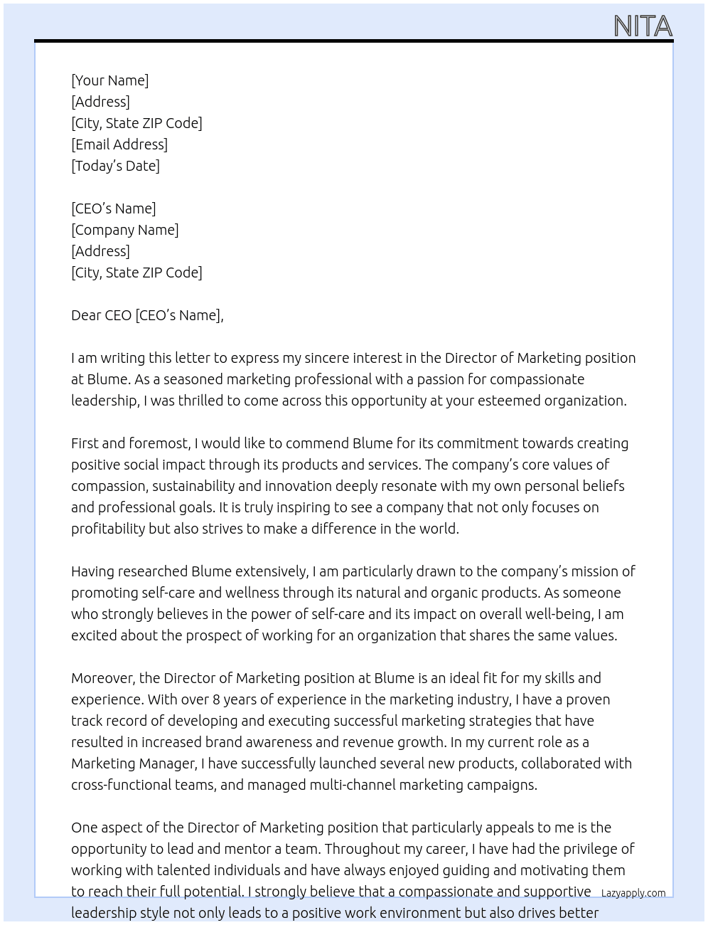 Director of marketing  At Blume Cover Letter