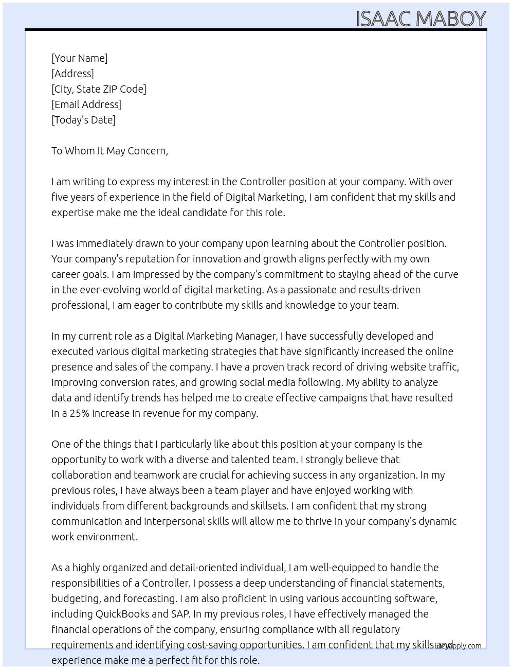 Controller At your company Cover Letter