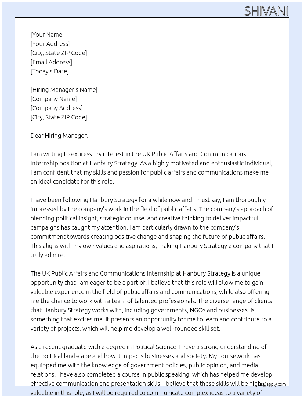 UK Public Affairs and Communications Internship At Hanbury Strategy Cover Letter