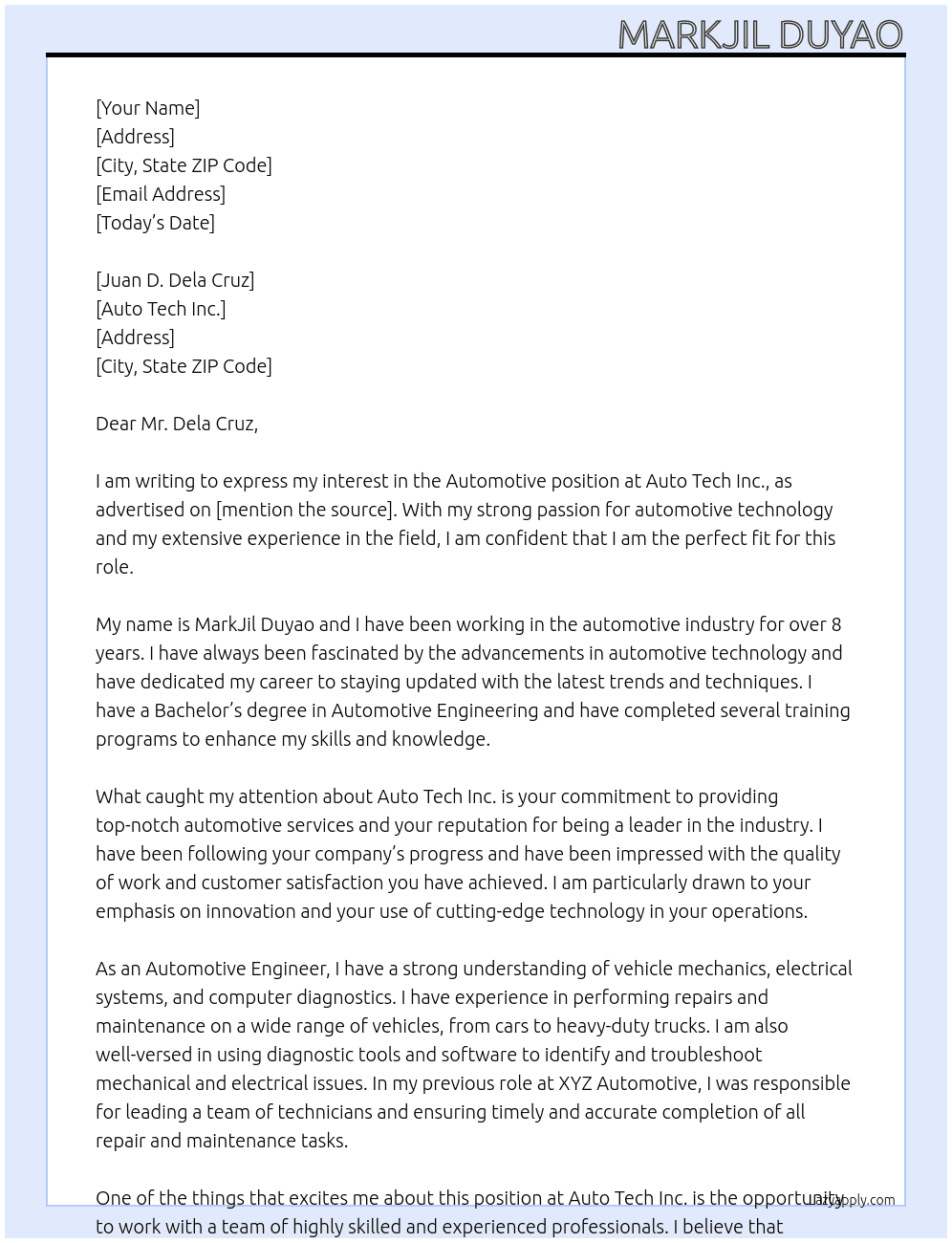 Automotive  At Auto Tech Inc. Cover Letter